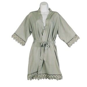 Robe Women's Wrap Belted 3/4 Sleeve Wide Lace Trim Opaque Wrap Grey Pewter Knee